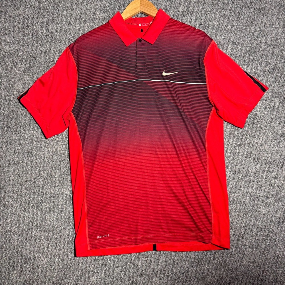 Nike Tiger Woods Polo Shirt Striped Golf Performance Red Black Men's Size Medium